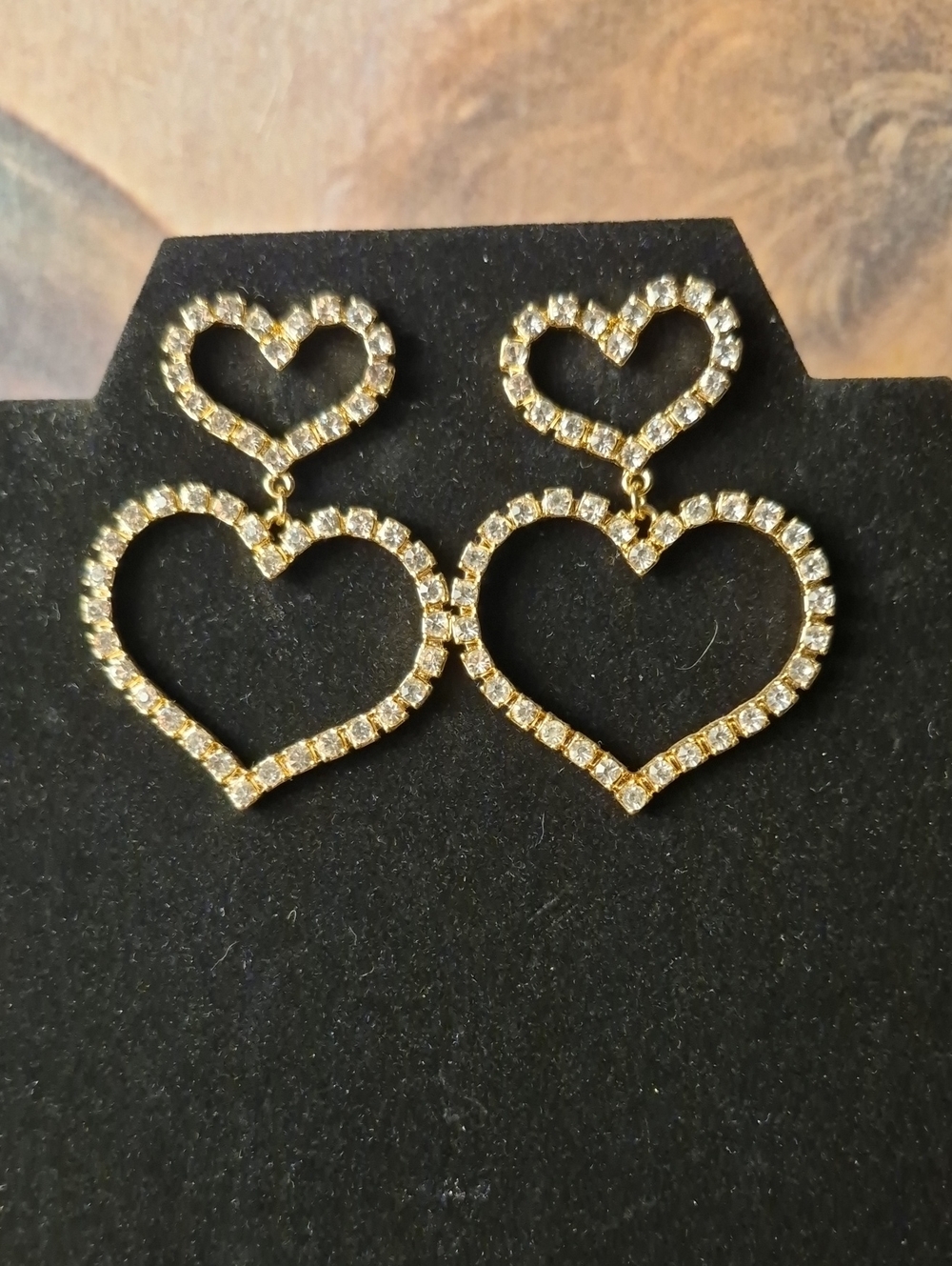 Source Unknown Gold Crystal Double Heart Drop Earrings - Gold